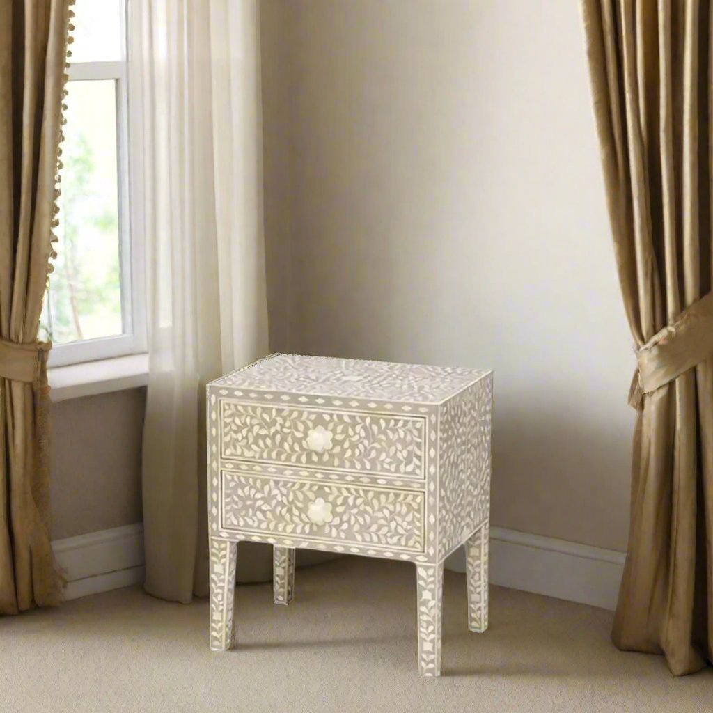 Bone Inlay Pattern Bone Inlay Floral Pattern Bedside Table - Brown – Bone Inlay Arts