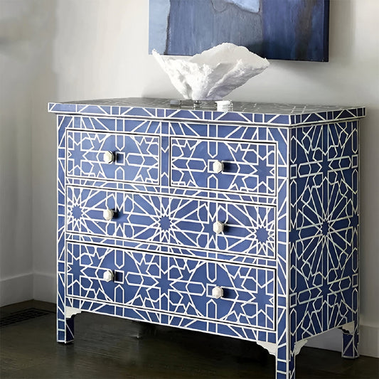 Bone Inlay Chest Of 4 Drawers , Moroccan Pattern In Indigo