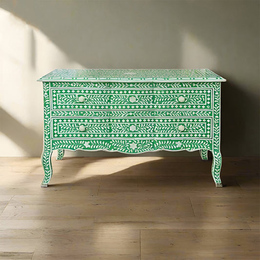 Bone Inlay Chest Of 2 Drawers, Floral Pattern In Green