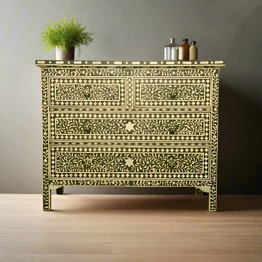 Bone Inlay Chest Of 4 Drawers , Floral Pattern In Black