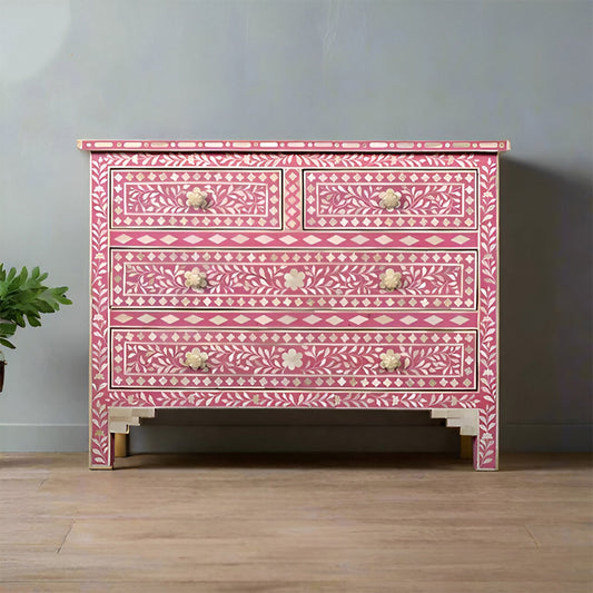 Bone Inlay Chest Of 4 Drawers , Floral Pattern In pink