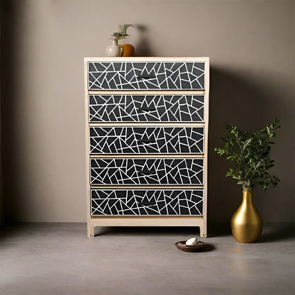 Bone Inlay Chest Of 5 Drawers, Geometric Pattern In Black