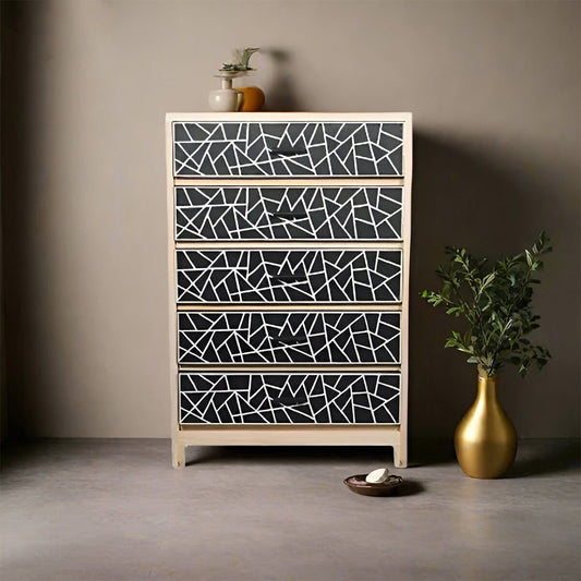 Bone Inlay Chest Of 5 Drawers, Geometric Pattern In Black