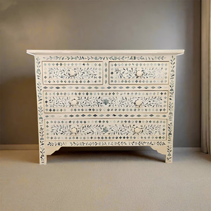 Bone Inlay Chest Of 4 Drawers, Floral Pattern