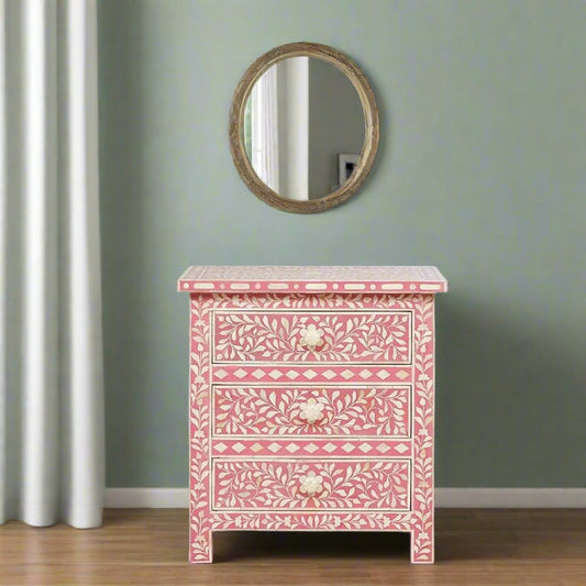 HANDMADE FLORAL PATTERN PINK BONE INLAY FLORAL PATTERN BEDSIDE TABLE