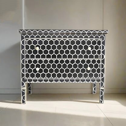 Handcrafted Bone Inlay Chest Of 2 Drawers,Honeycomb Pattern In Black