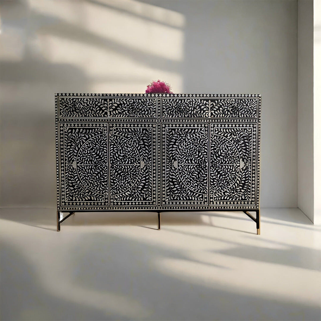 Beautiful Bone Inlay Buffet – 2 Drawers & 4 Doors in Black Floral Pattern