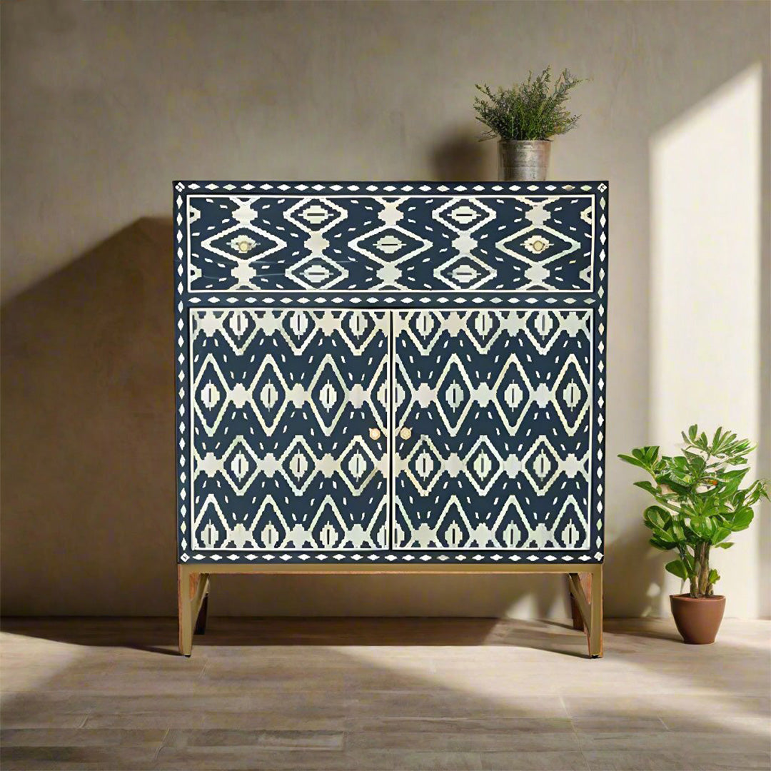 Beautiful Bone Inlay Chest – 1 Drawer & 2 Cabinets - Indigo Geometric Design