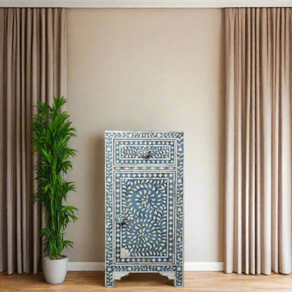 HANDMADE FLORAL PATTERN BLUE MOTHER OF PEARL INLAY BEDSIDE TABLE