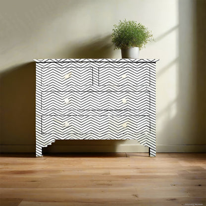 Black Bone Inlay Chest of Drawers – 4-Drawer Handmade Dresser | Chevron Pattern Storage Cabinet