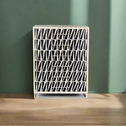 Bone Inlay Chest Of 6 Drawers, Geometric Pattern In Black