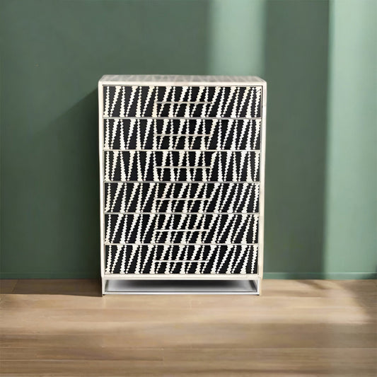 Bone Inlay Chest Of 6 Drawers, Geometric Pattern In Black