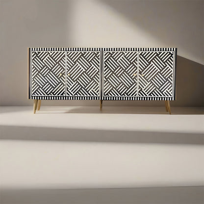Bone Inlay Chest Of 2 Cabins, Geometric Pattern In Black