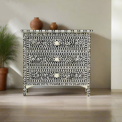 Handcrafted Bone Inlay 3-Drawer Chest – Floral Pattern in Black
