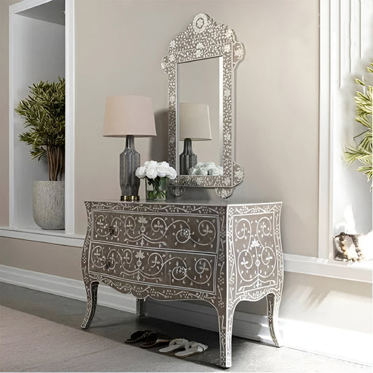 Bone Inlay Chest Of 2 Drawers, Floral Pattern In Black