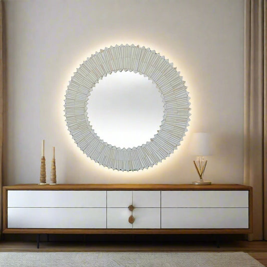 Handmade  Bone Inlay Round Mirror Frame- Triangle corners with Complimentary Mirror