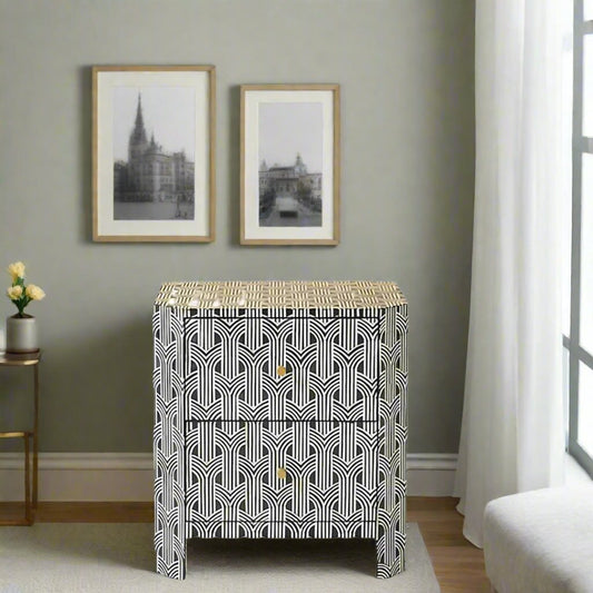 Handmade Geometric Pattern Bone Inlay Bedside Table - Black