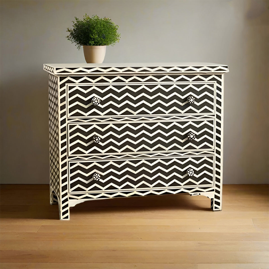 Bone Inlay Chest Of 3 Drawers, Chevron Pattern In White