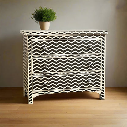 Bone Inlay Chest Of 3 Drawers, Chevron Pattern In White