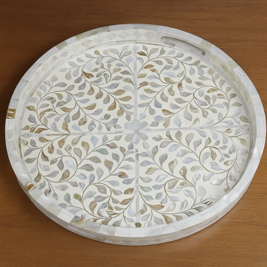 Handmade mother of pearl inlay round serving tray with floral vine pattern