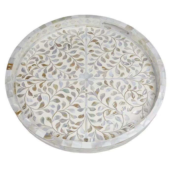 ecorative round tray featuring floral mother of pearl detailing