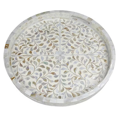 ecorative round tray featuring floral mother of pearl detailing