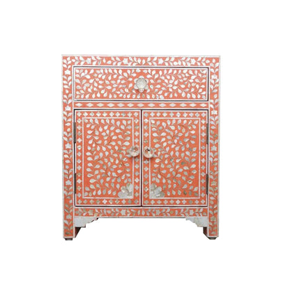 HANDMADE CUSTOMIZED MOTHER OF PEARL BEDSIDE TABLE - Floral/Orange