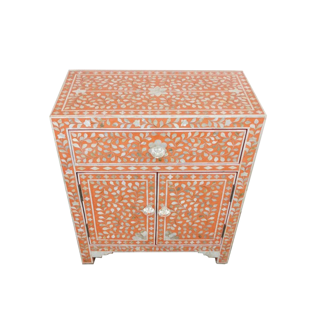 HANDMADE CUSTOMIZED MOTHER OF PEARL BEDSIDE TABLE - Floral/Orange