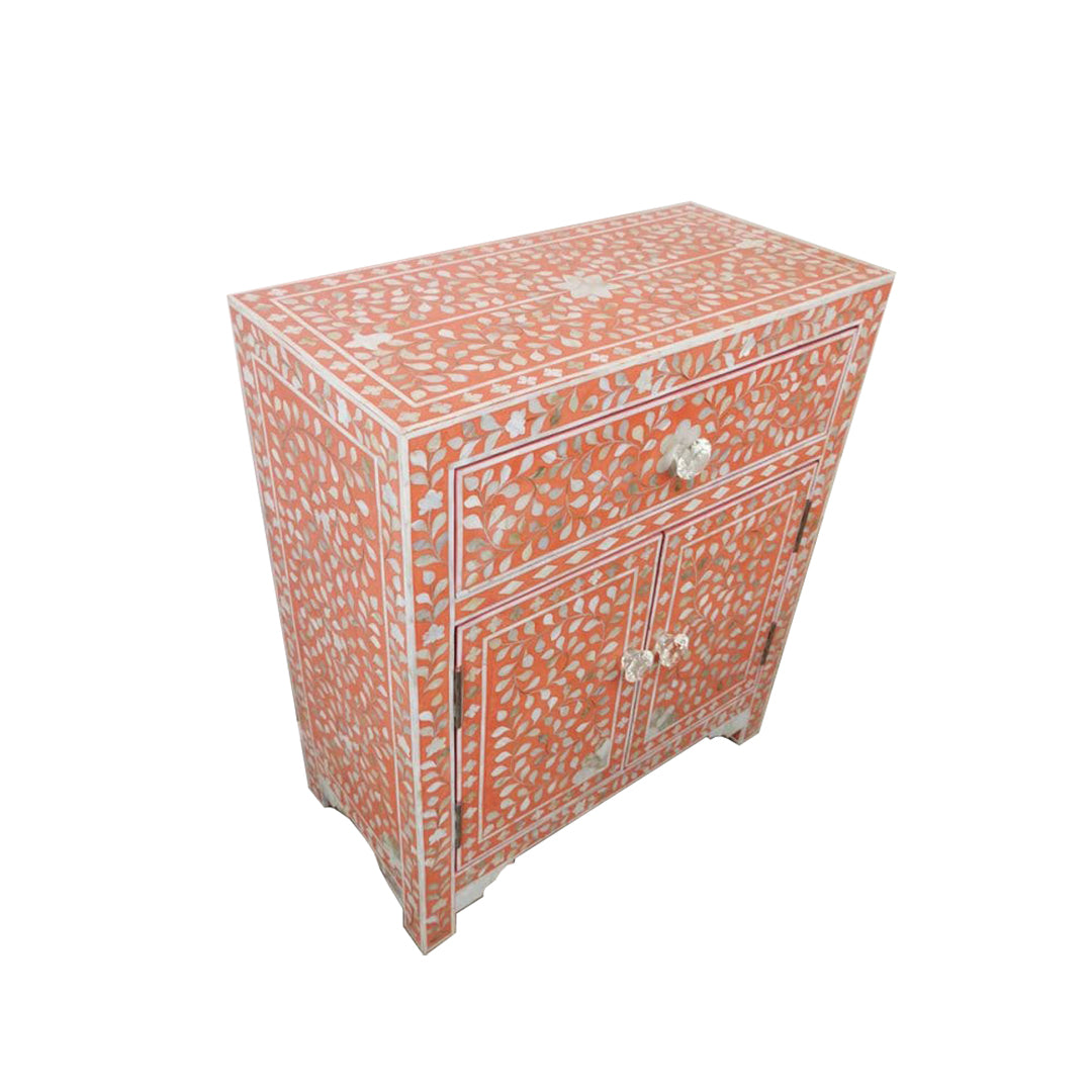 HANDMADE CUSTOMIZED MOTHER OF PEARL BEDSIDE TABLE - Floral/Orange