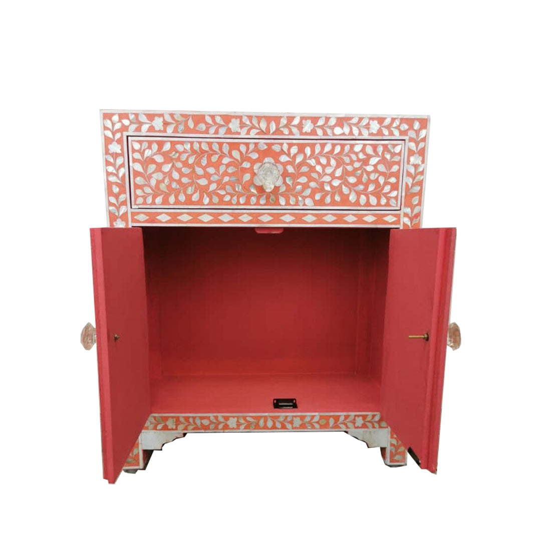 HANDMADE CUSTOMIZED MOTHER OF PEARL BEDSIDE TABLE - Floral/Orange