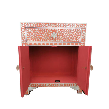 HANDMADE CUSTOMIZED MOTHER OF PEARL BEDSIDE TABLE - Floral/Orange