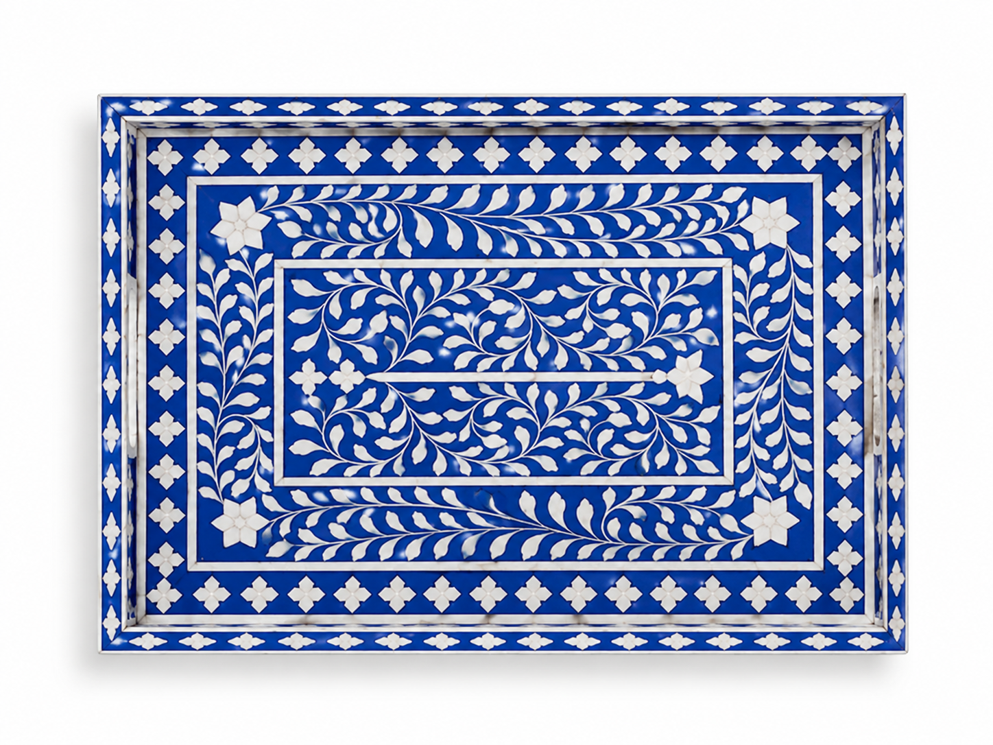 Blue Bone Inlay Rectangular Tray Top View with Floral Vine Pattern Handmade Decorative Serving Tray