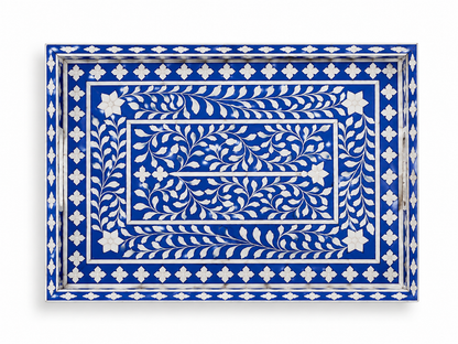 Blue Bone Inlay Rectangular Tray Top View with Floral Vine Pattern Handmade Decorative Serving Tray