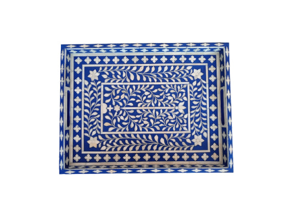 Blue Bone Inlay Rectangular Tray Top View with Floral Vine Pattern Handmade Decorative Serving Tray