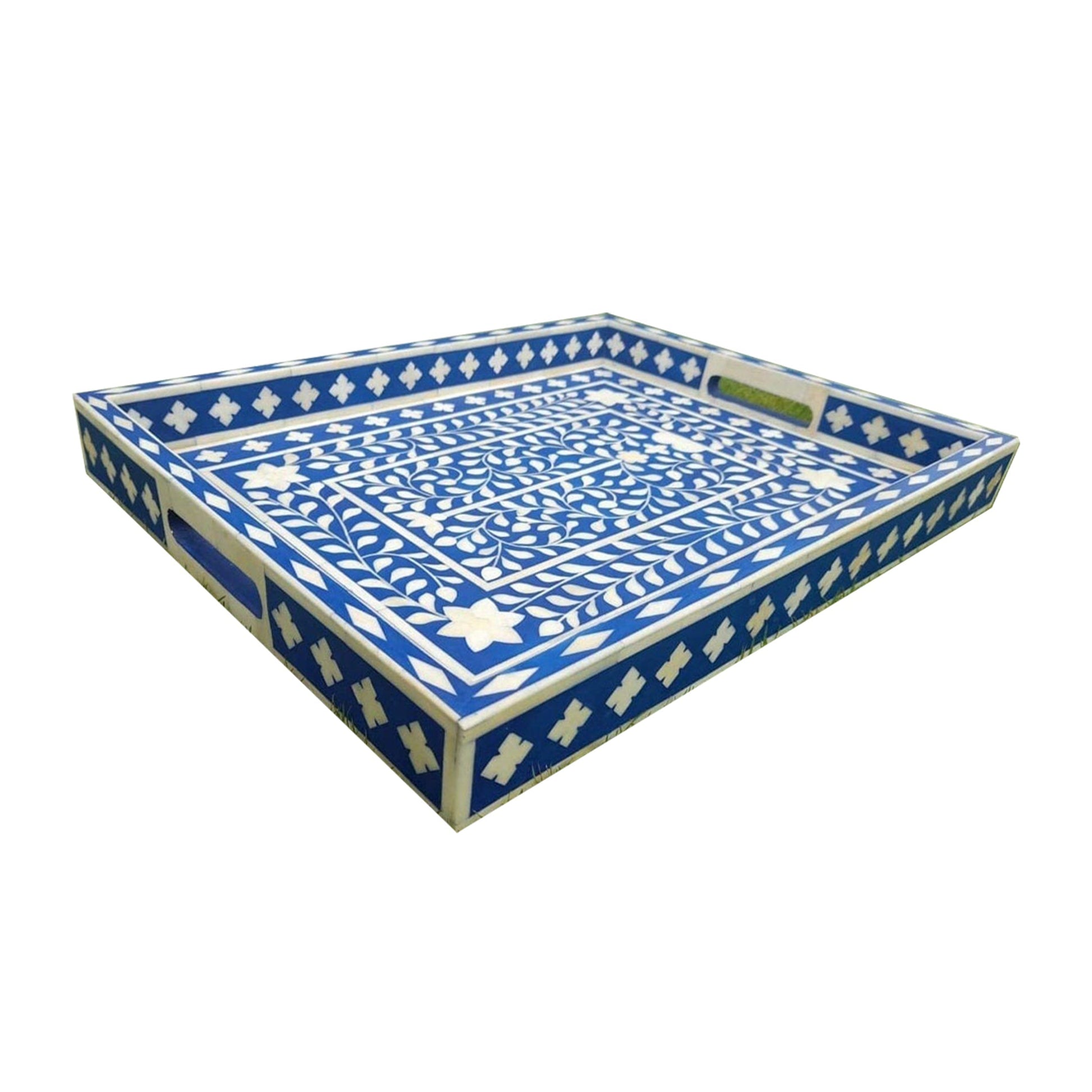 Blue Bone Inlay Rectangular Tray Top View with Floral Vine Pattern Handmade Decorative Serving Tray