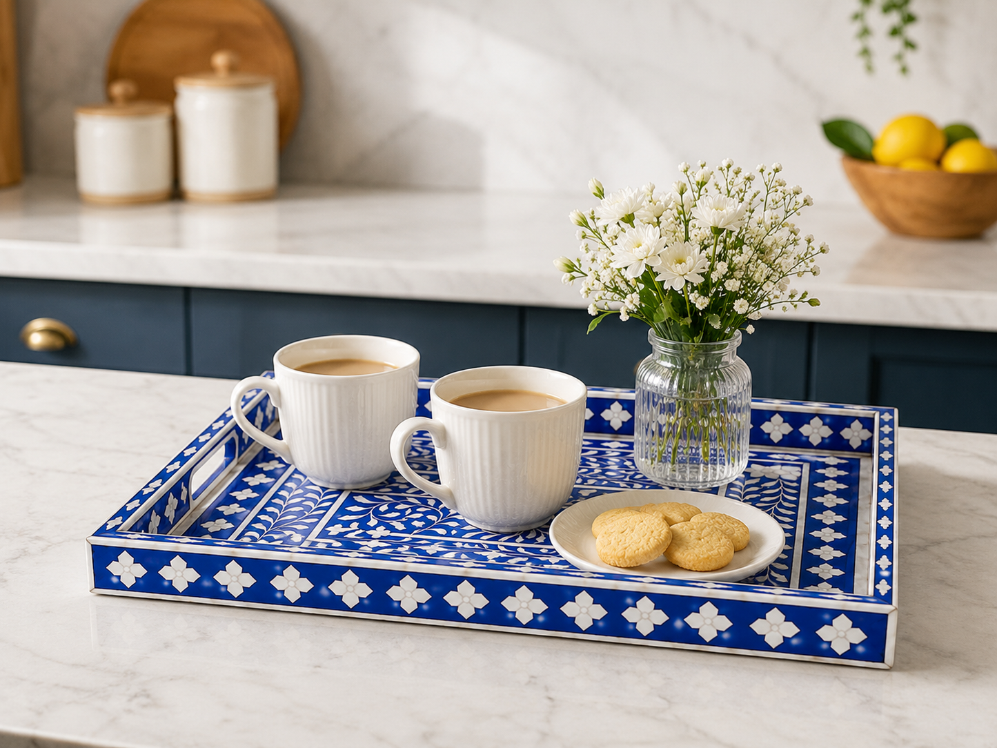Blue Bone Inlay Serving Tray on Kitchen Counter with Coffee Cups and Flowers
