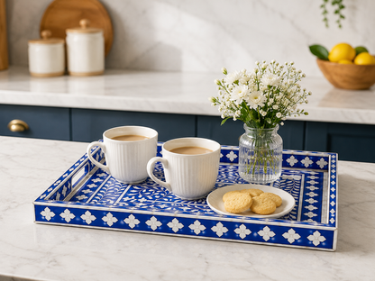 Blue Bone Inlay Serving Tray on Kitchen Counter with Coffee Cups and Flowers
