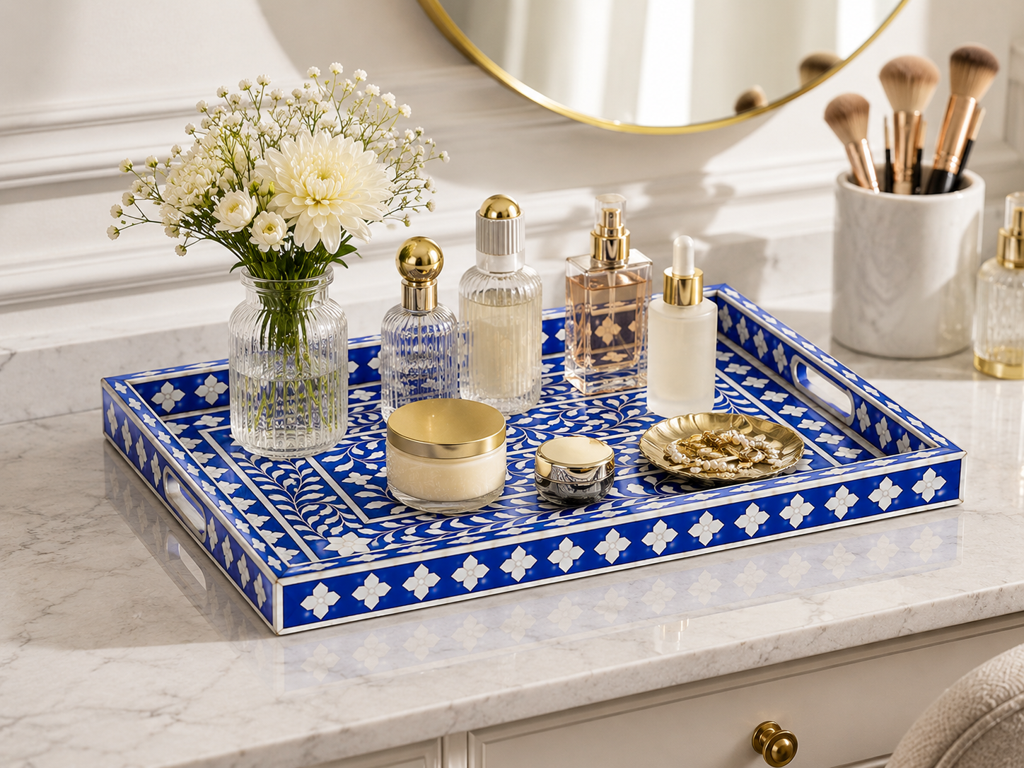 Blue Bone Inlay Vanity Tray for Perfume Cosmetics and Bathroom Counter Decor