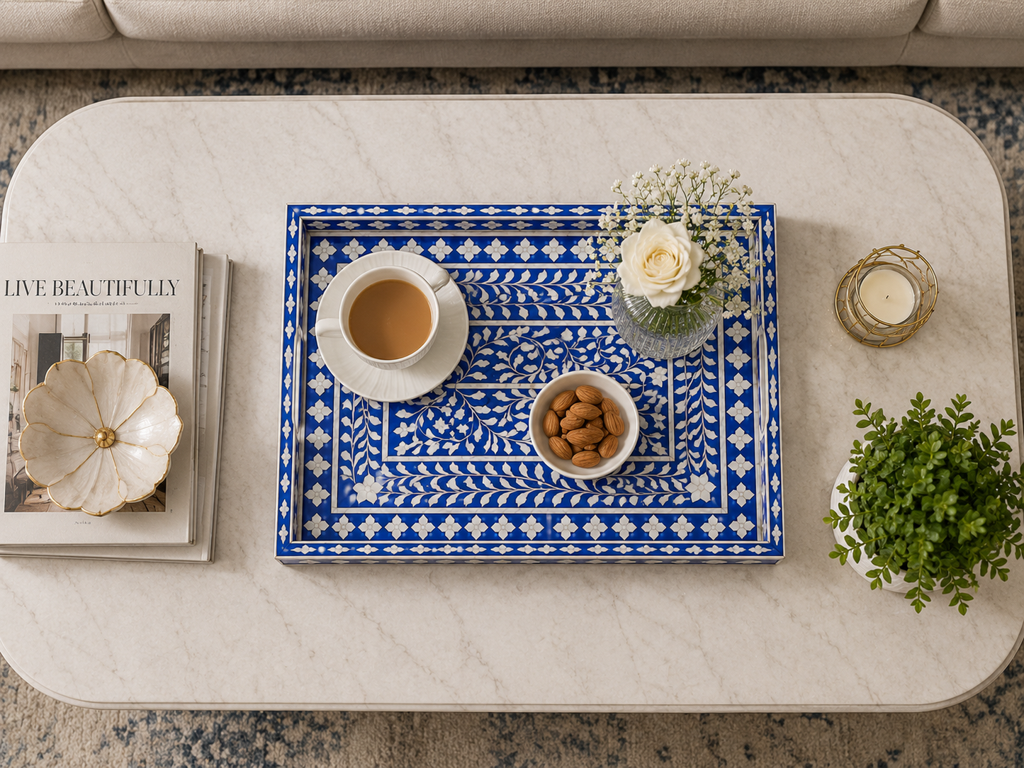 Handmade Blue Bone Inlay Tray Styled on Coffee Table with Coffee and Flowers