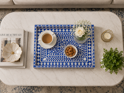 Handmade Blue Bone Inlay Tray Styled on Coffee Table with Coffee and Flowers