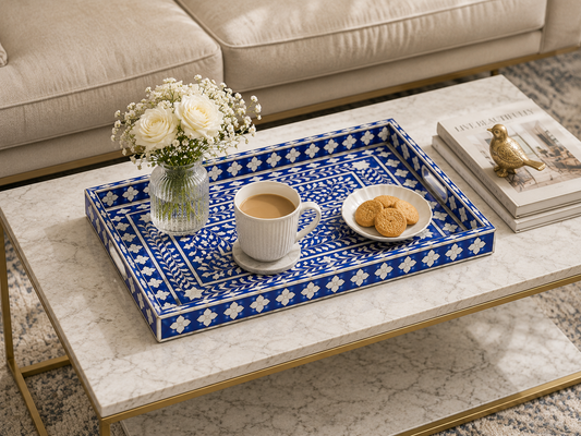 Blue Bone Inlay Rectangular Tray Dining Table Centerpiece Decorative Serving Tray