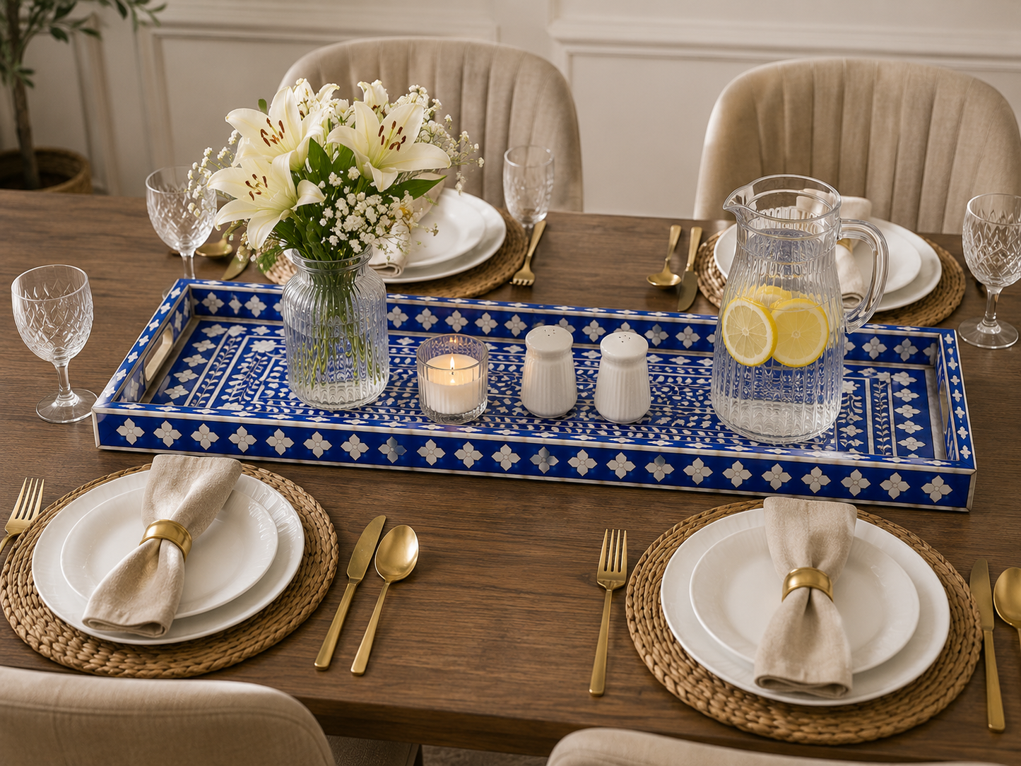 Blue Bone Inlay Rectangular Tray Dining Table Centerpiece Decorative Serving Tray
