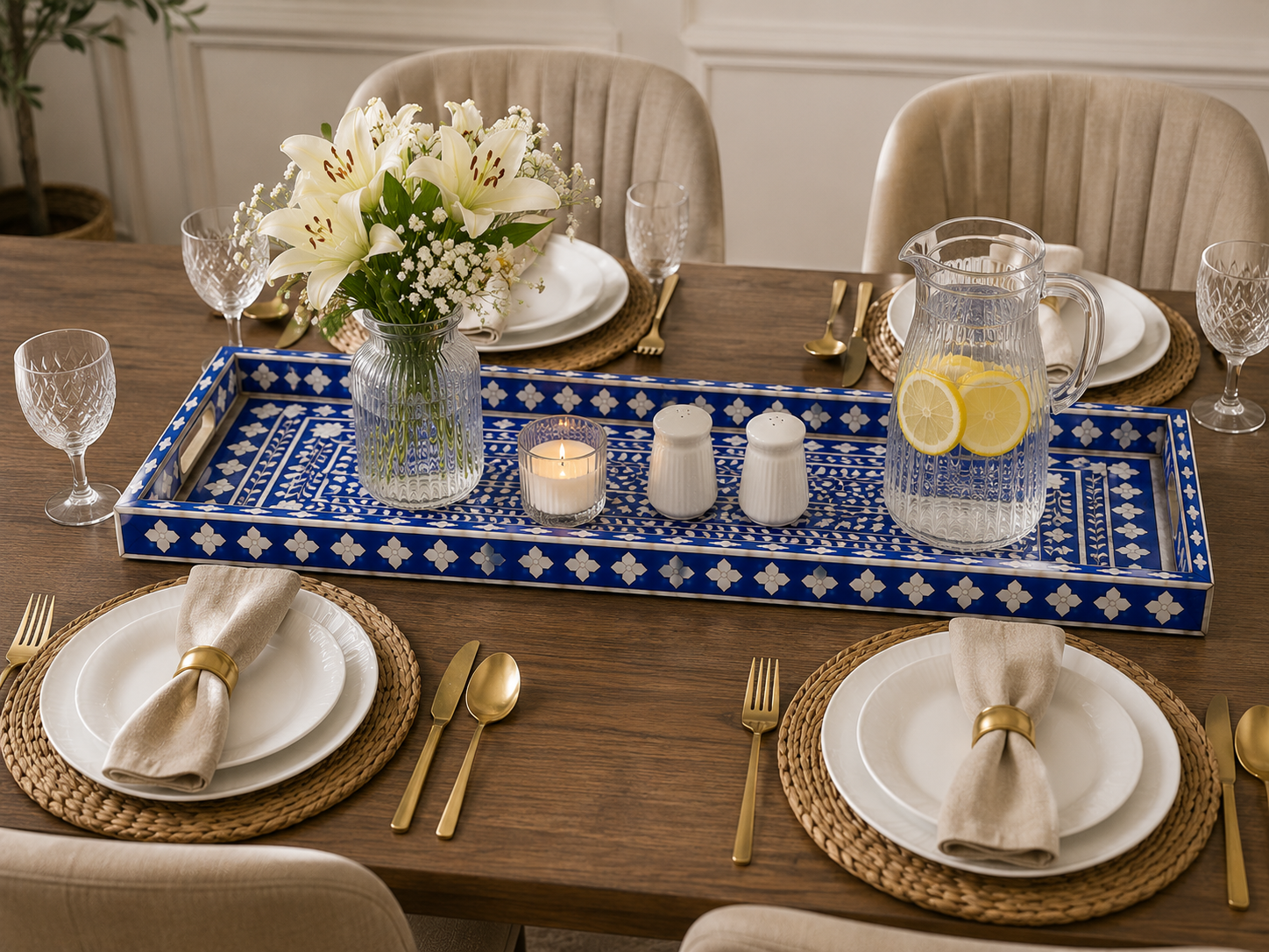 Blue Bone Inlay Rectangular Tray Dining Table Centerpiece Decorative Serving Tray