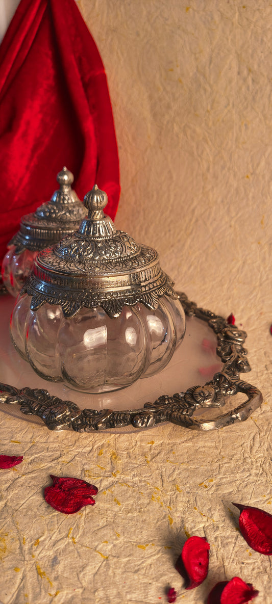 Elegant Glass Storage Jar with Ornate German Silver Lid and Decorative Tray