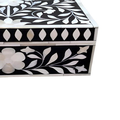 Handmade floral bone inlay jewelry box with open storage compartment for rings, bracelets, and necklaces.