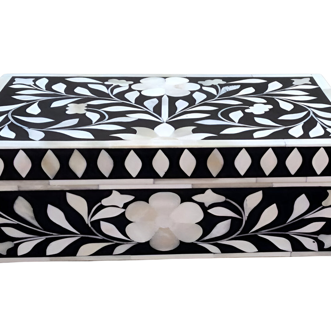 Luxury customized bone inlay jewelry box crafted with floral inlay work and displayed in a stylish home décor setting