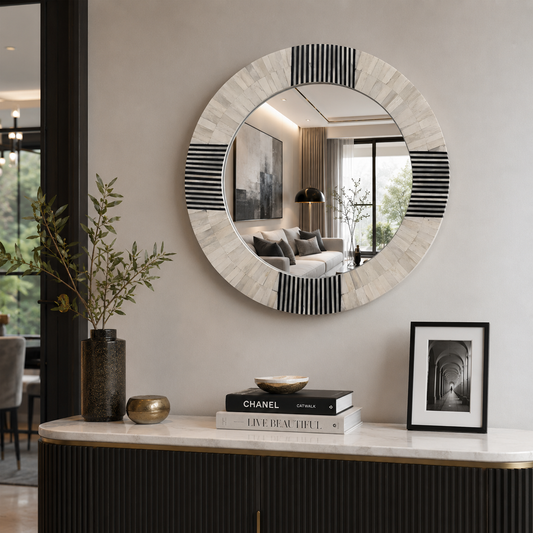 Luxury Round Bone Inlay Mirror Frame with Black and White Geometric Design and Complimentary Mirror