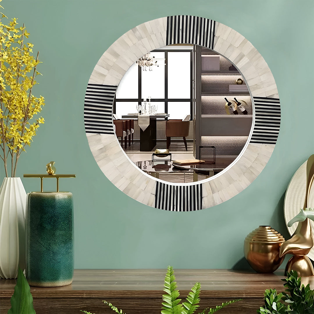 Handmade Round Bone Inlay Wall Mirror Featuring Black and White Geometric Design
