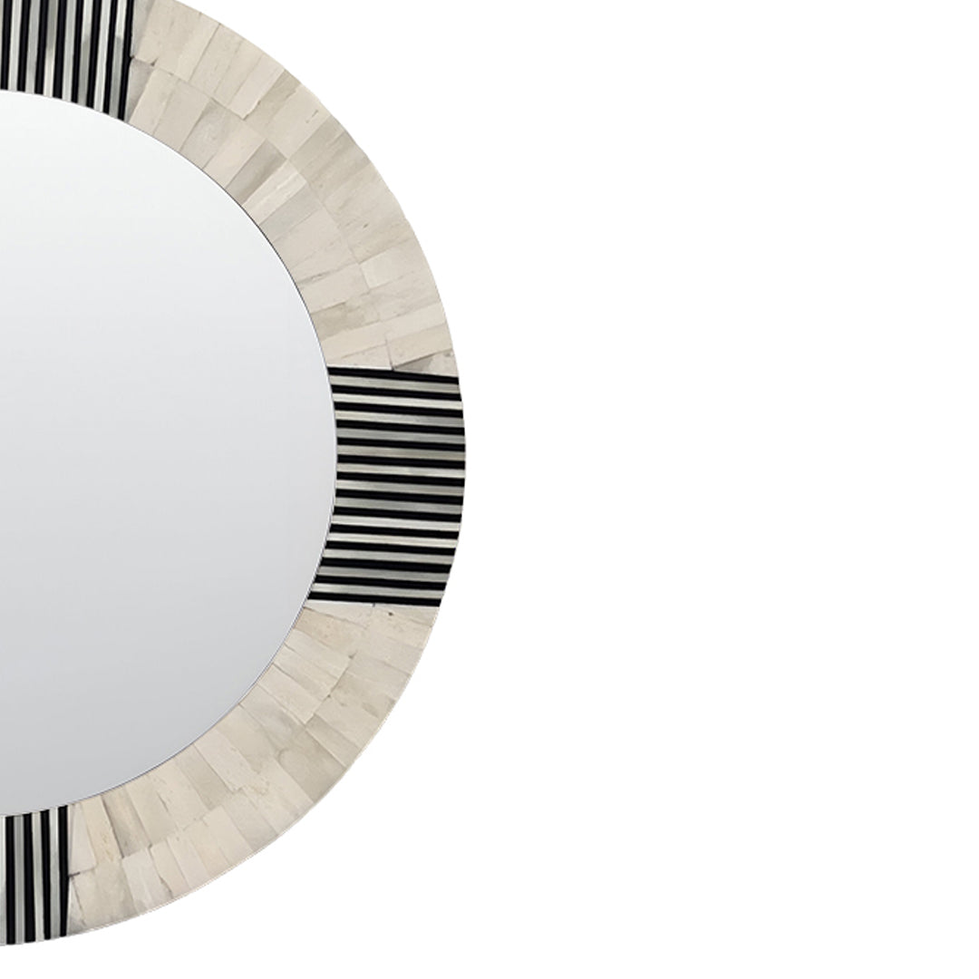 Decorative Round Bone Inlay Mirror Frame Crafted with Black and White Geometric Bone Inlay