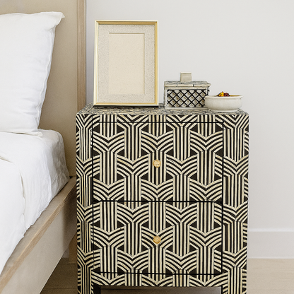 Handmade Customized Bone Inlay Geometric Pattern Bedside Table